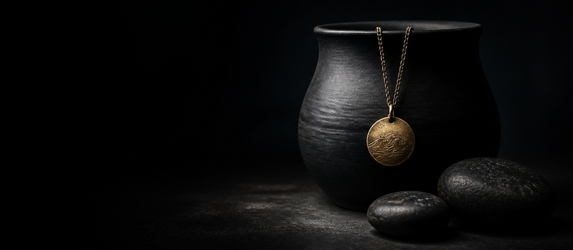 Gold-tone mountain pendant displayed on black ceramic beside dark stones