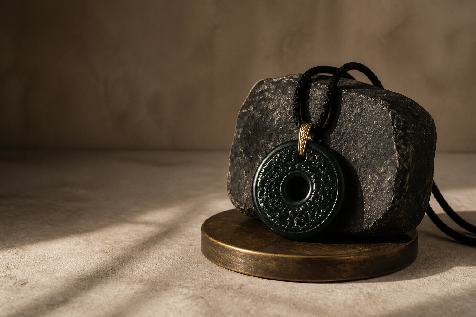 Dark green circular pendant on black cord displayed against a dark stone