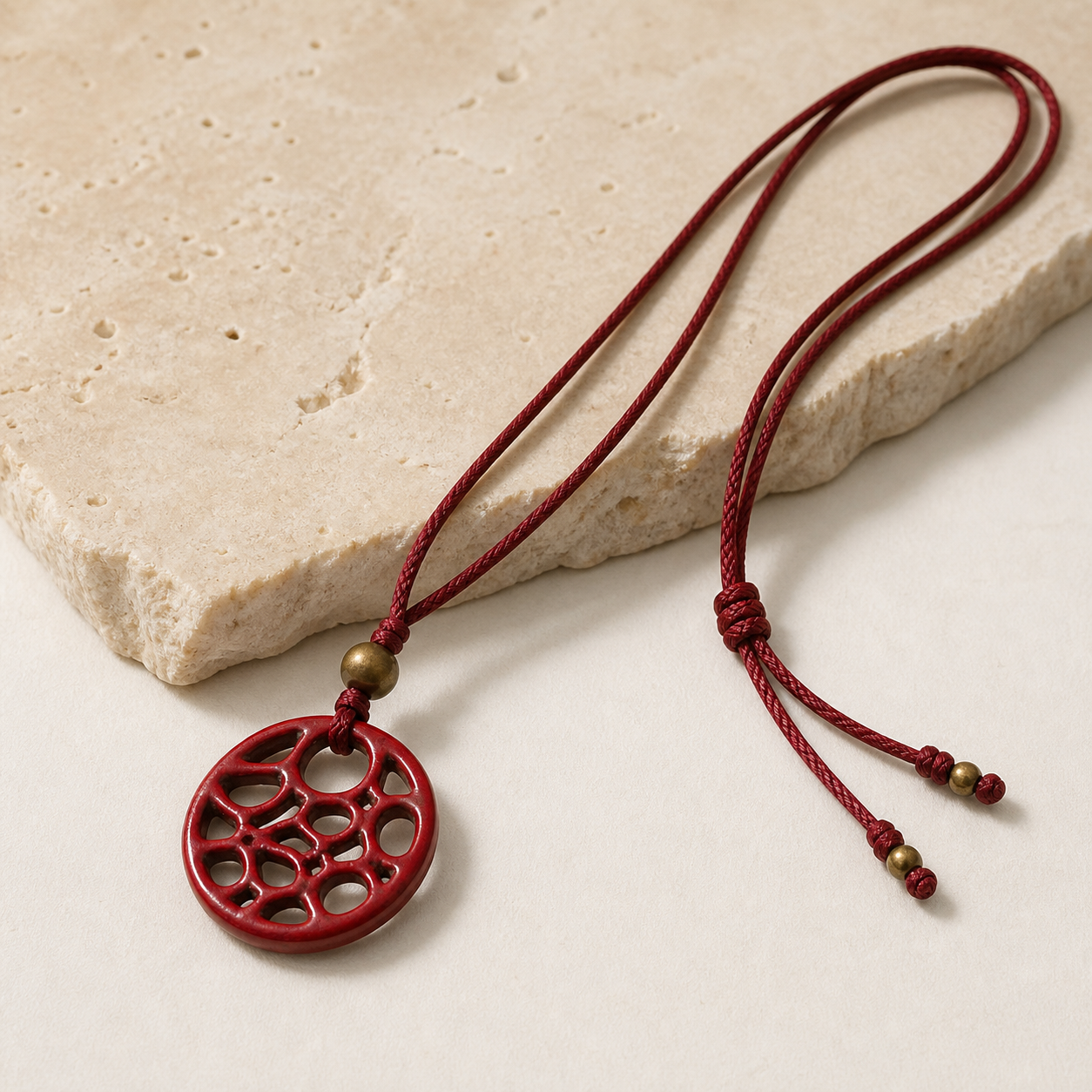 Carved red cinnabar composite amulet on silk cord