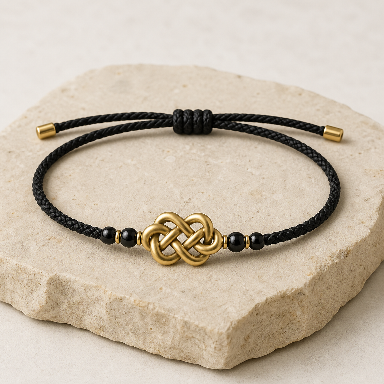 Gold vermeil knot set into a dark woven bracelet cord