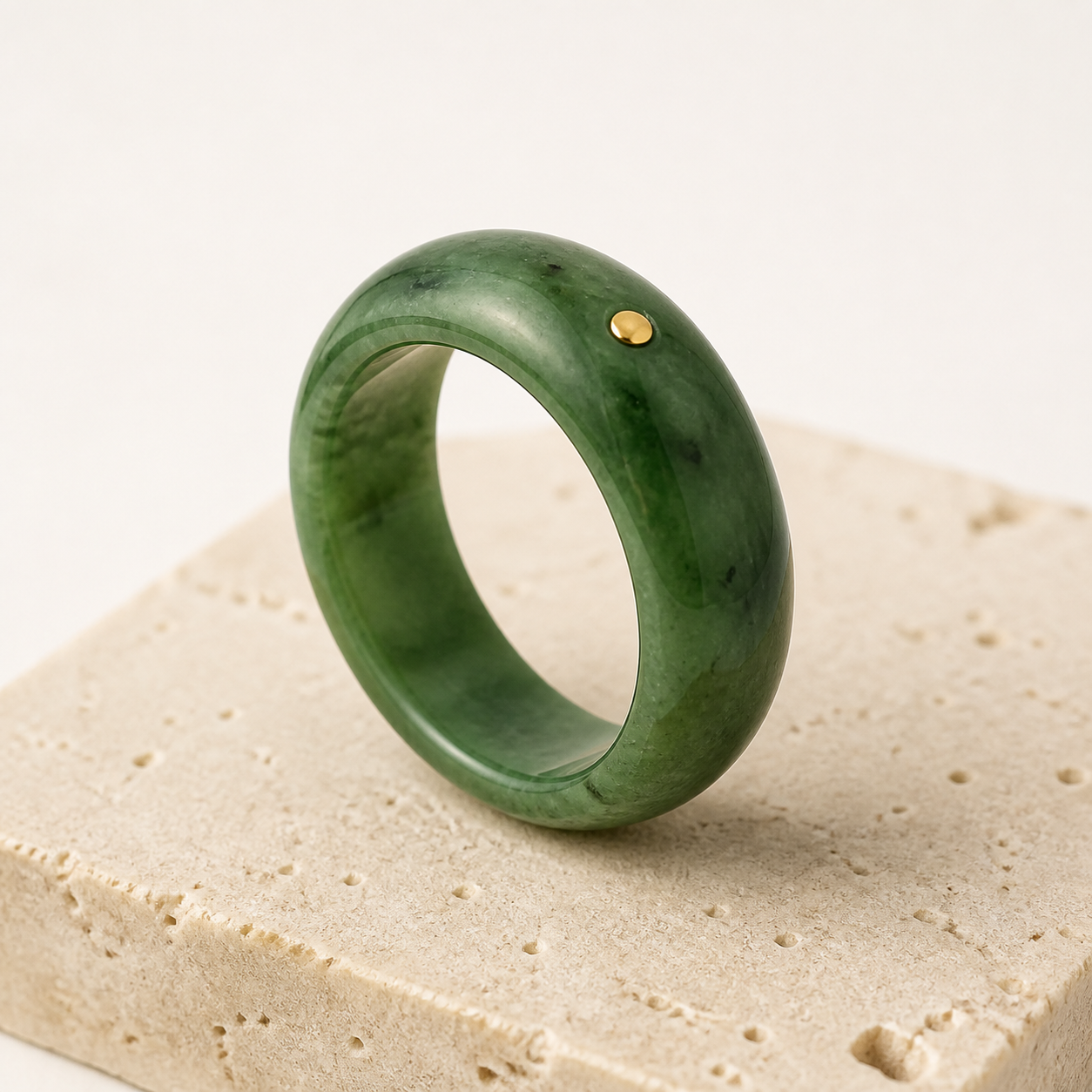 Green jade ring traced by a warm gold-tone band