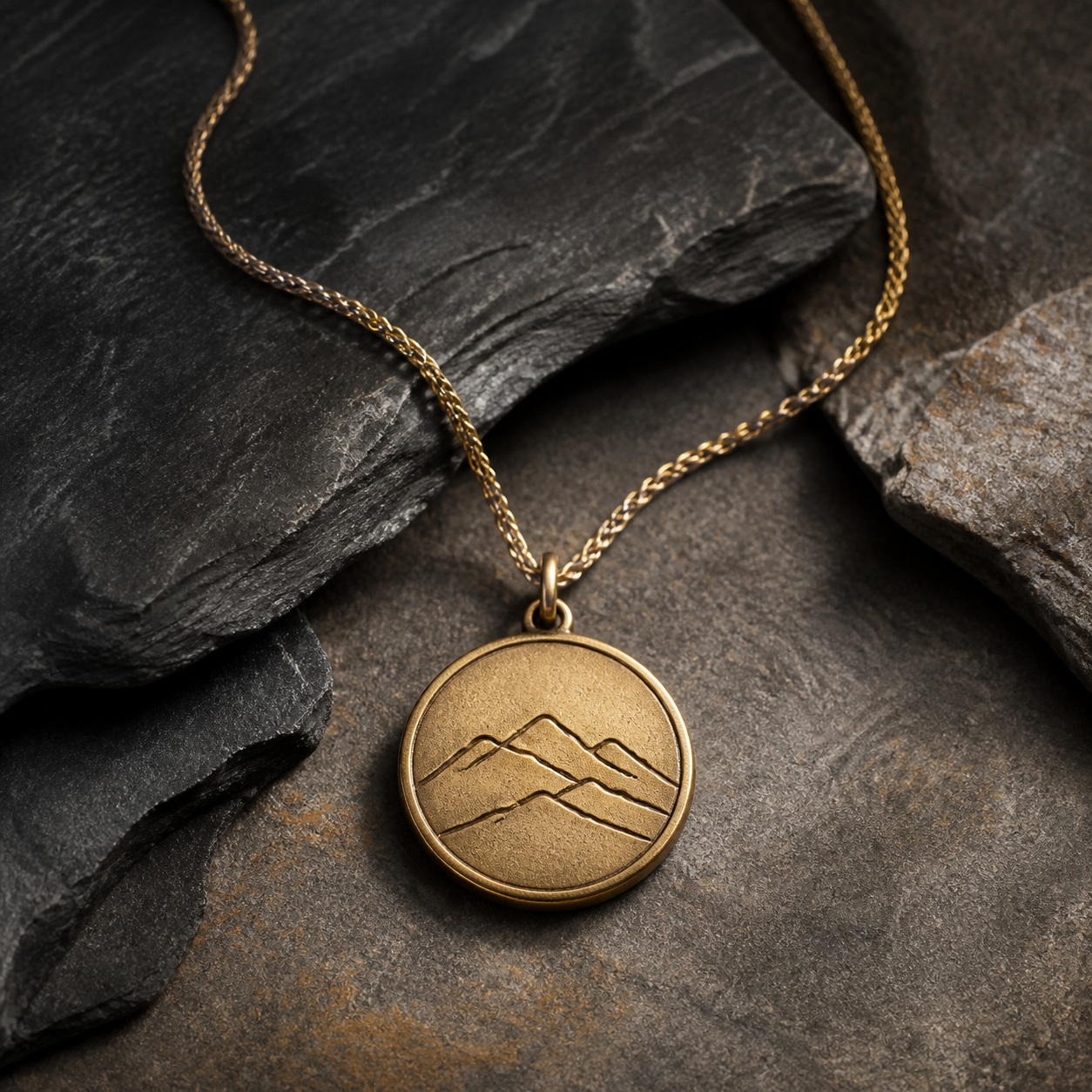 Gold-tone mountain-seal pendant and chain arranged on dark stones